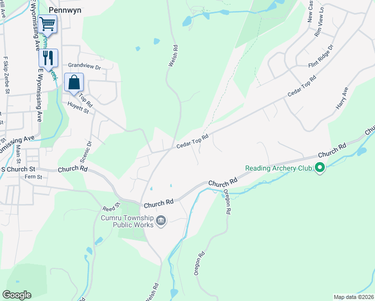 map of restaurants, bars, coffee shops, grocery stores, and more near 1698 Cedar Top Road in Reading