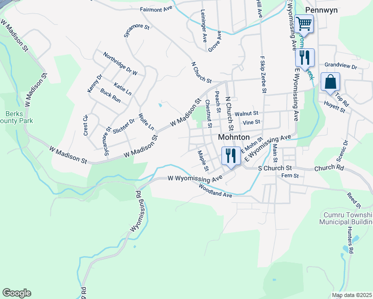 map of restaurants, bars, coffee shops, grocery stores, and more near 22 South Oneil Street in Mohnton