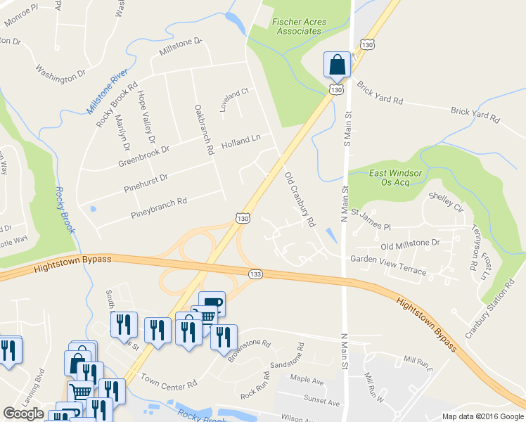 map of restaurants, bars, coffee shops, grocery stores, and more near 12 Washington Court in Hightstown