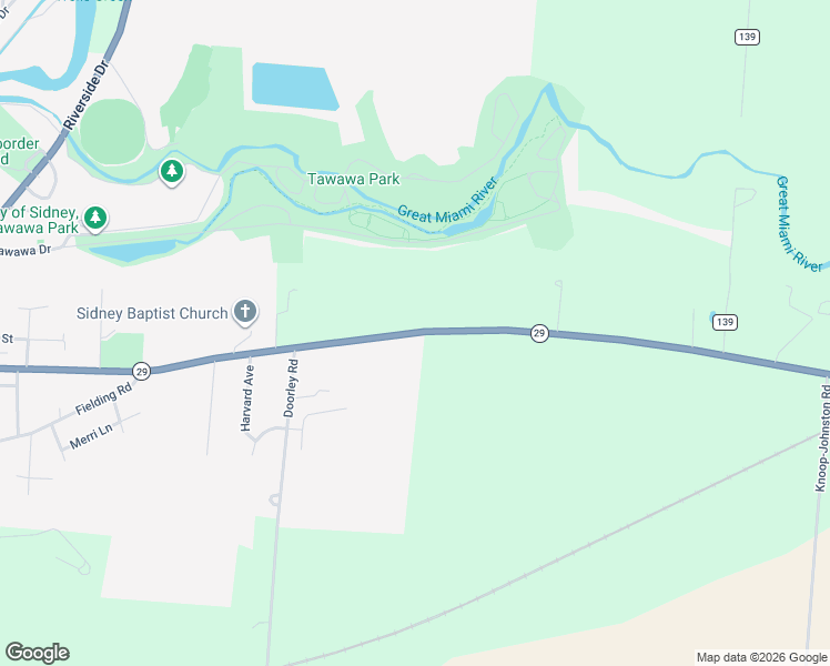 map of restaurants, bars, coffee shops, grocery stores, and more near 5061 Ohio 29 in Sidney