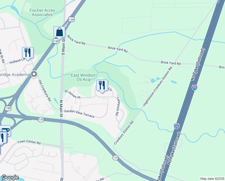 map of restaurants, bars, coffee shops, grocery stores, and more near 73 Shelley Circle in East Windsor