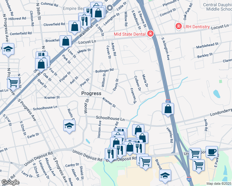 map of restaurants, bars, coffee shops, grocery stores, and more near 4100 Greenwood Boulevard in Harrisburg
