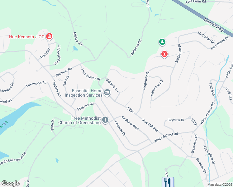 map of restaurants, bars, coffee shops, grocery stores, and more near 1405 Baldwin Lane in Greensburg