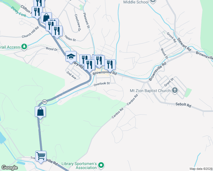 map of restaurants, bars, coffee shops, grocery stores, and more near 4107 Overlook Street in South Park Township