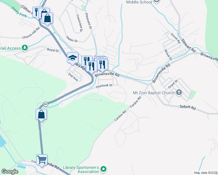 map of restaurants, bars, coffee shops, grocery stores, and more near 4107 Overlook Street in South Park Township