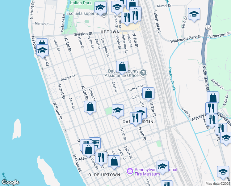 map of restaurants, bars, coffee shops, grocery stores, and more near 2422 Reel Street in Harrisburg