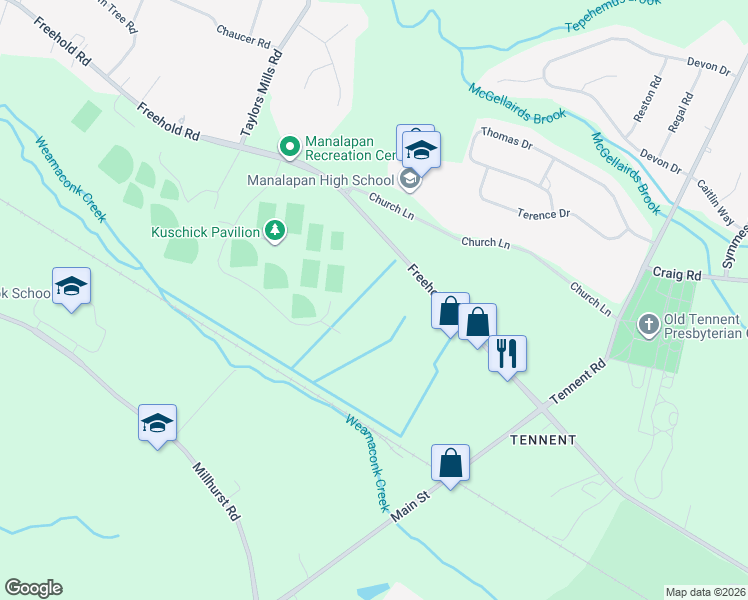 map of restaurants, bars, coffee shops, grocery stores, and more near 123 County Road 522 in Manalapan Township