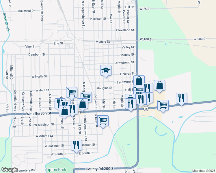 map of restaurants, bars, coffee shops, grocery stores, and more near 312 Oak Street in Tipton