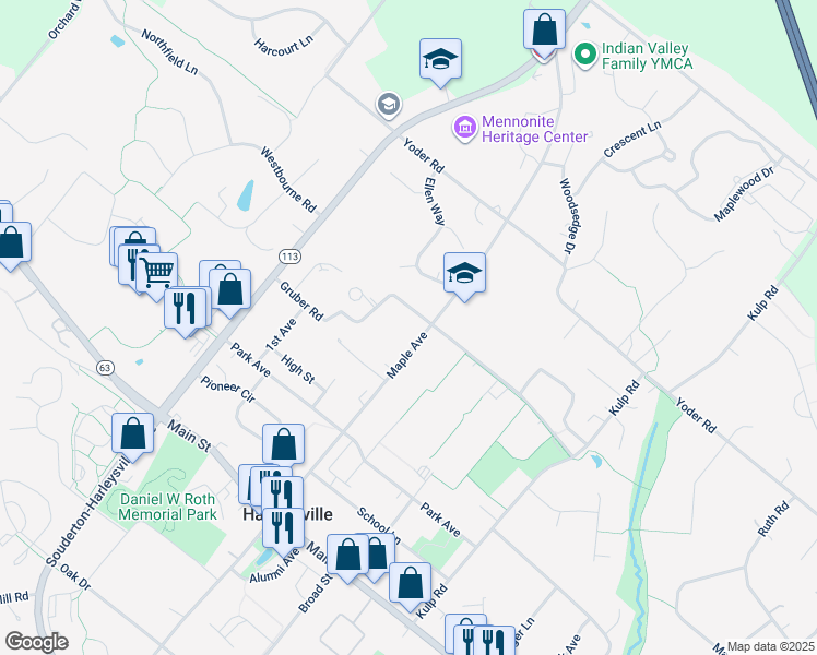 map of restaurants, bars, coffee shops, grocery stores, and more near 185 Maple Avenue in Harleysville