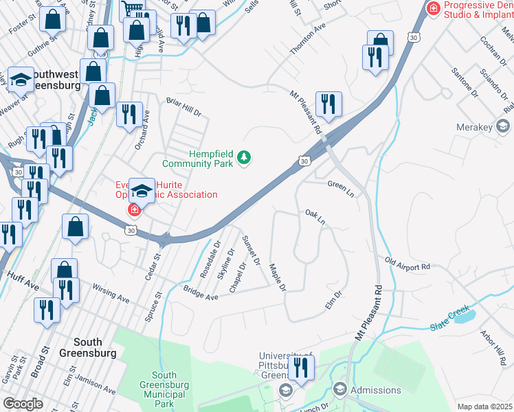 map of restaurants, bars, coffee shops, grocery stores, and more near 200 Brooklane Drive in Greensburg