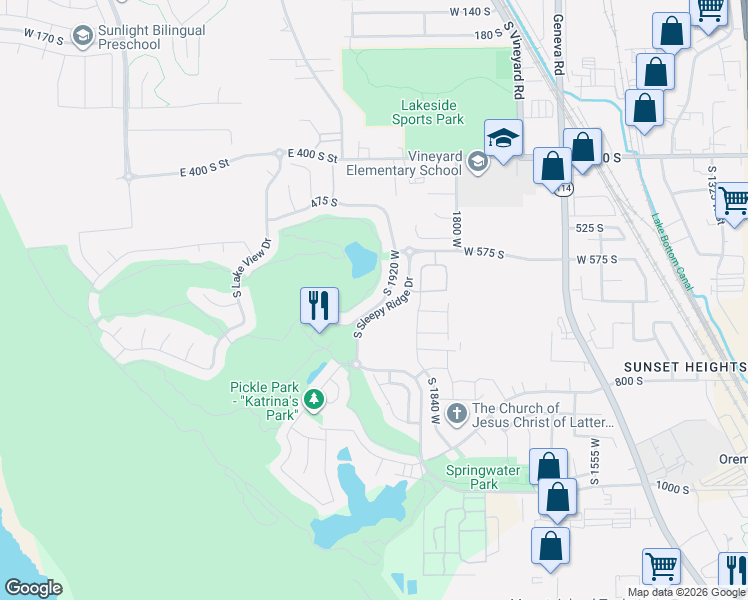 map of restaurants, bars, coffee shops, grocery stores, and more near 672 South 1920 West in Orem