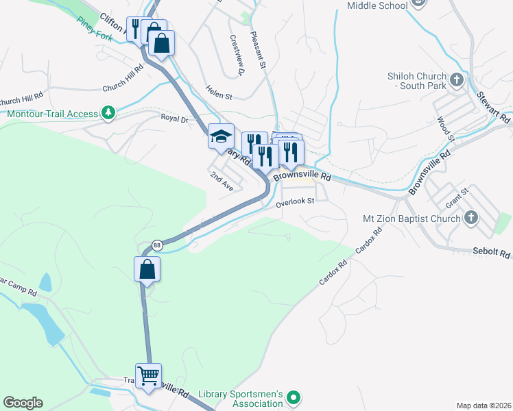 map of restaurants, bars, coffee shops, grocery stores, and more near 6603 Library Road in South Park Township