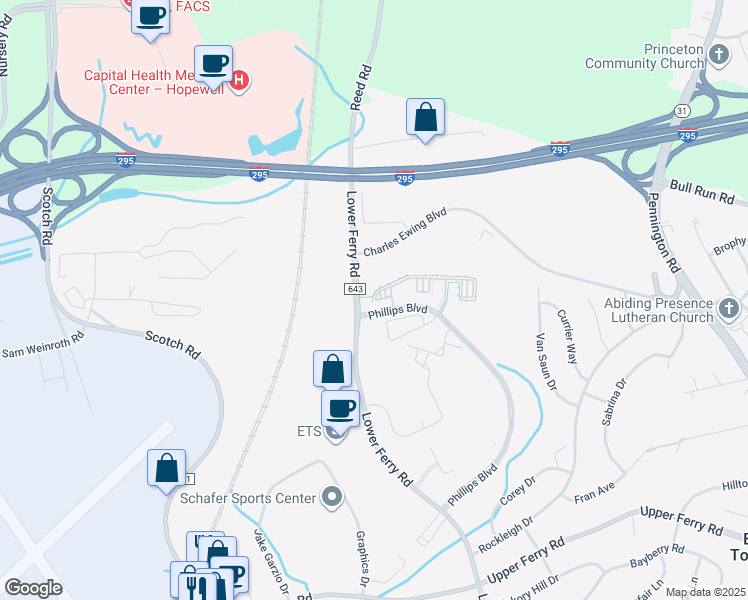 map of restaurants, bars, coffee shops, grocery stores, and more near Timberlake Drive in Ewing Township