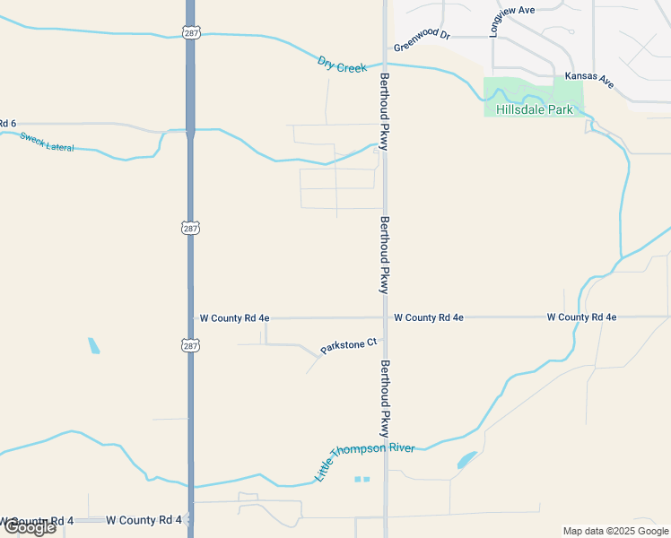 map of restaurants, bars, coffee shops, grocery stores, and more near 985 South County Road 17 in Berthoud