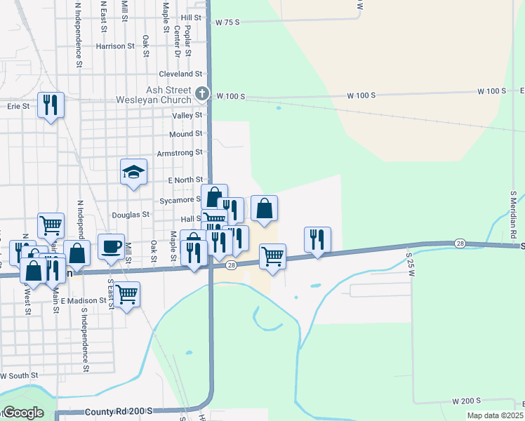 map of restaurants, bars, coffee shops, grocery stores, and more near 223 Canterbury Court in Tipton