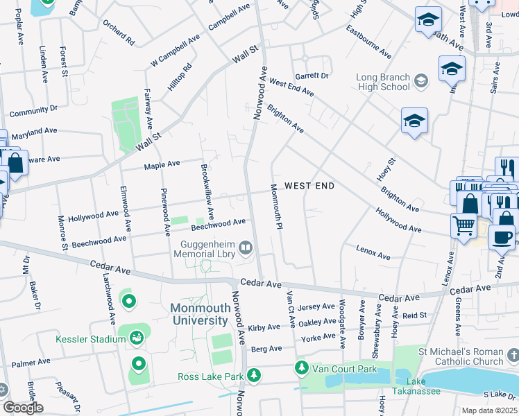 map of restaurants, bars, coffee shops, grocery stores, and more near in Long Branch