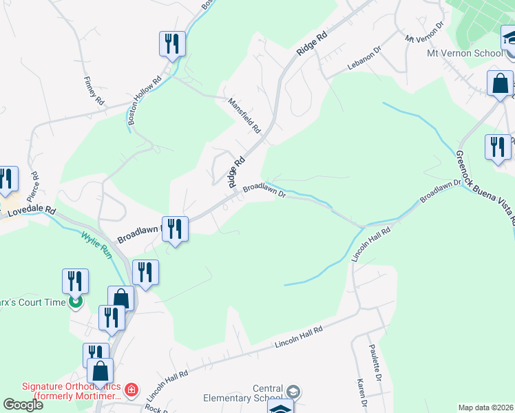 map of restaurants, bars, coffee shops, grocery stores, and more near 270 Broadlawn Drive in Elizabeth