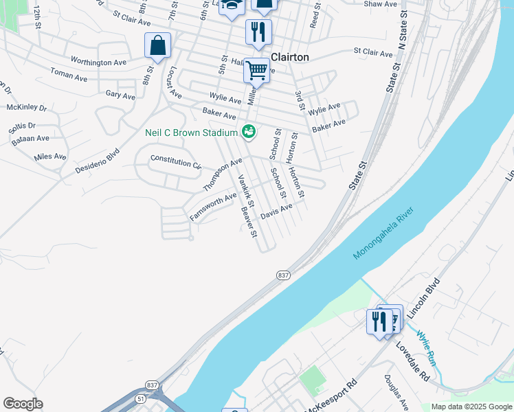 map of restaurants, bars, coffee shops, grocery stores, and more near 864 Vankirk Street in Clairton
