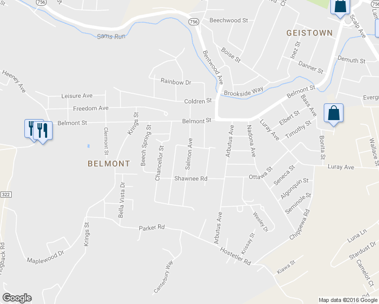 map of restaurants, bars, coffee shops, grocery stores, and more near Salmon Avenue in Johnstown