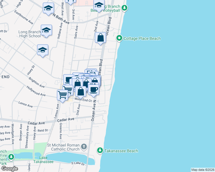 map of restaurants, bars, coffee shops, grocery stores, and more near 6 West End Avenue in Long Branch