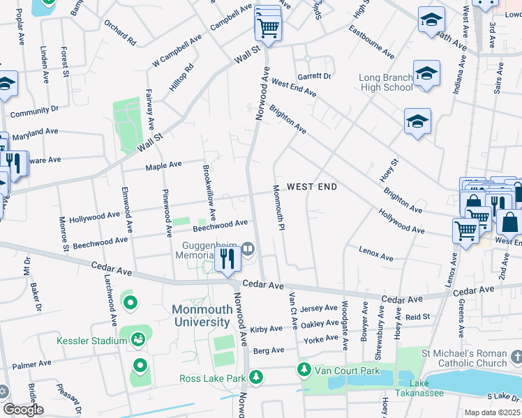 map of restaurants, bars, coffee shops, grocery stores, and more near in Long Branch