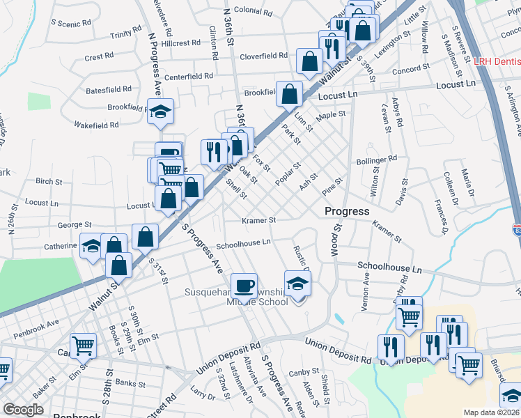map of restaurants, bars, coffee shops, grocery stores, and more near 205 Oak Street in Harrisburg