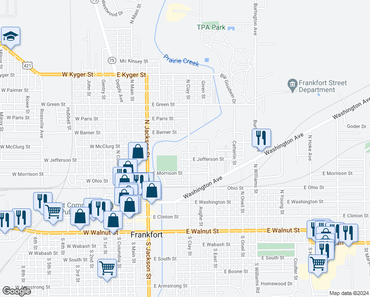 map of restaurants, bars, coffee shops, grocery stores, and more near 560 North Clay Street in Frankfort