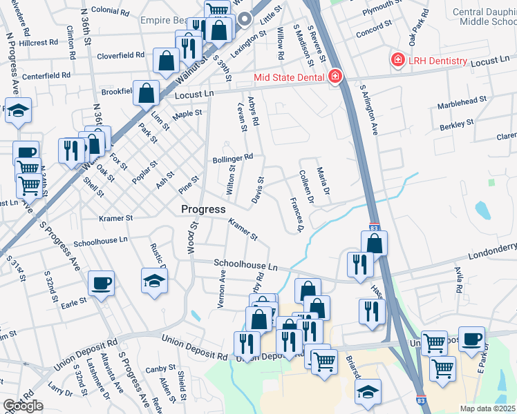 map of restaurants, bars, coffee shops, grocery stores, and more near 4100 Greenwood Boulevard in Harrisburg