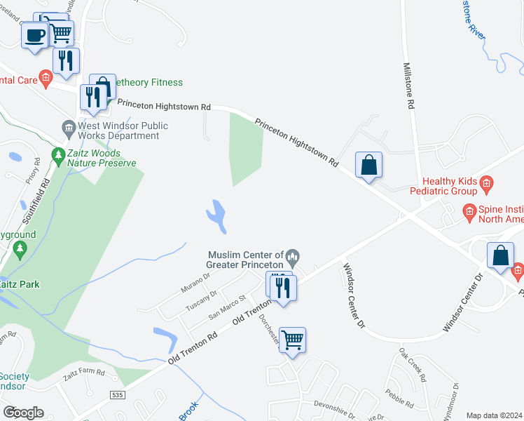 map of restaurants, bars, coffee shops, grocery stores, and more near 2044 Old Trenton Road in West Windsor Township