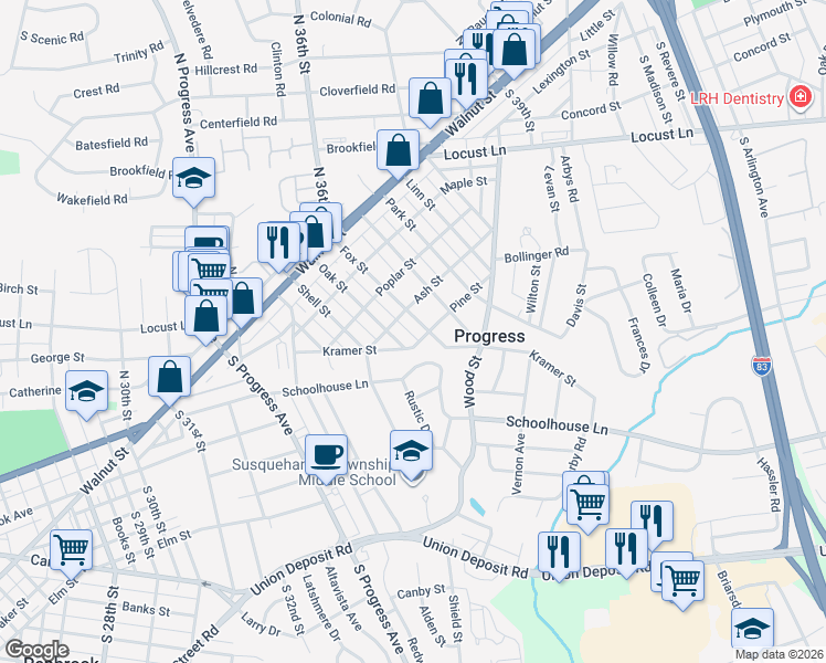 map of restaurants, bars, coffee shops, grocery stores, and more near 303 Fox Street in Harrisburg
