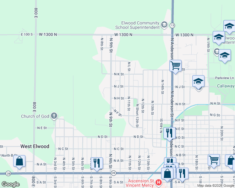 map of restaurants, bars, coffee shops, grocery stores, and more near 924 North 10th Street in Elwood