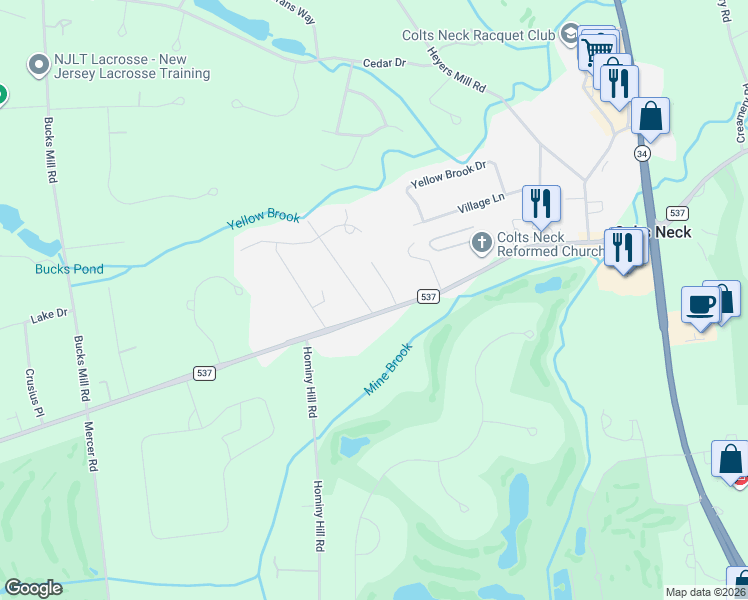 map of restaurants, bars, coffee shops, grocery stores, and more near 8 Millbrook Lane in Colts Neck
