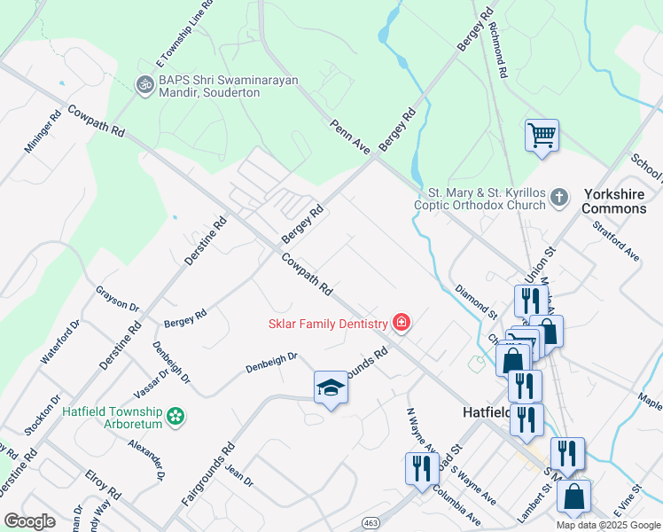 map of restaurants, bars, coffee shops, grocery stores, and more near 2023 Oak Avenue in Hatfield