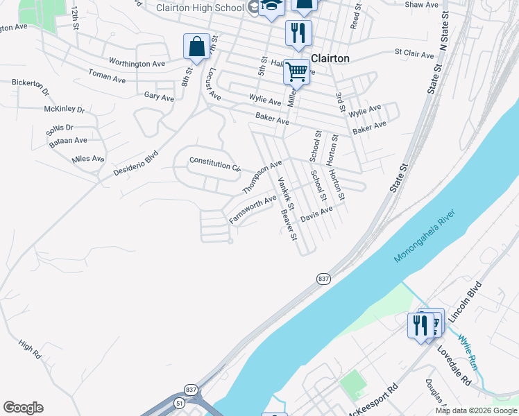 map of restaurants, bars, coffee shops, grocery stores, and more near 500 Farnsworth Avenue in Clairton