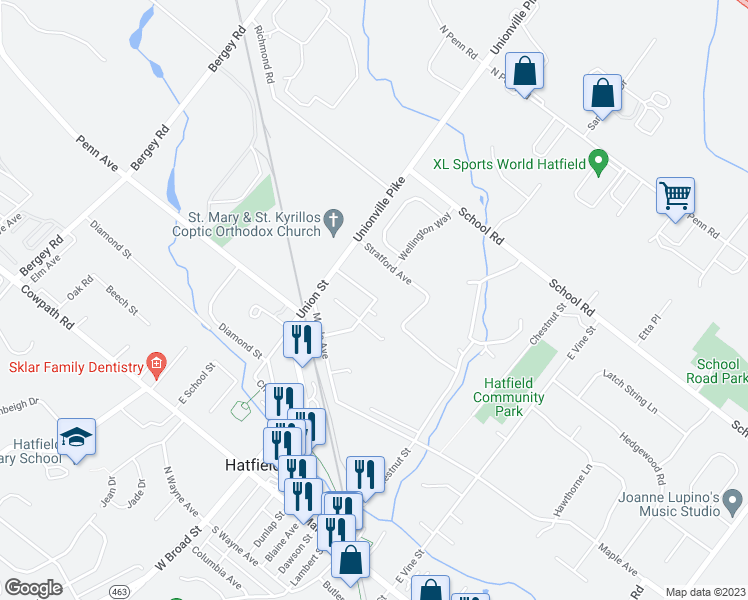 map of restaurants, bars, coffee shops, grocery stores, and more near 30 Garfield Avenue in Hatfield