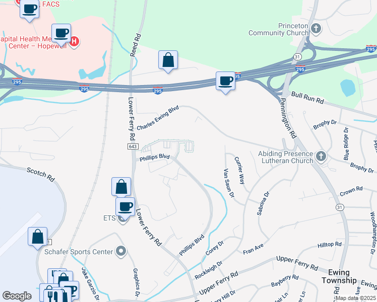 map of restaurants, bars, coffee shops, grocery stores, and more near 1021 Timberlake Drive in Trenton