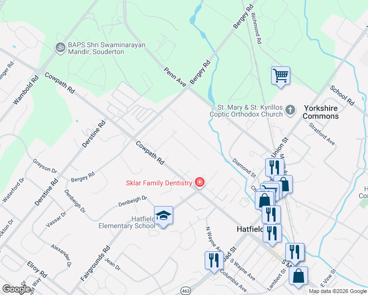 map of restaurants, bars, coffee shops, grocery stores, and more near 2725 Beech Street in Hatfield