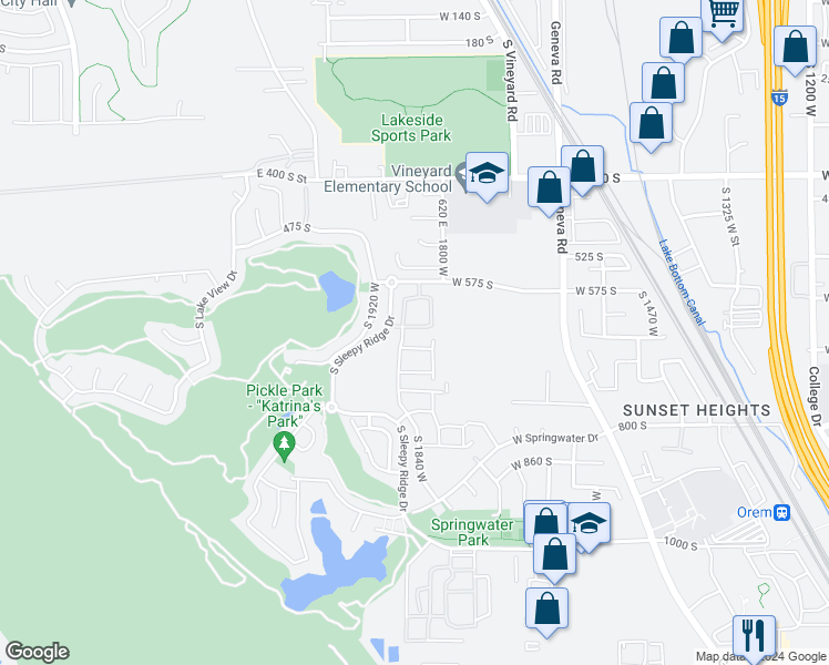map of restaurants, bars, coffee shops, grocery stores, and more near 1849 West 645 South in Orem