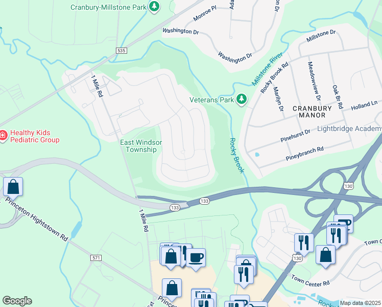 map of restaurants, bars, coffee shops, grocery stores, and more near 59 Einstein Way in East Windsor