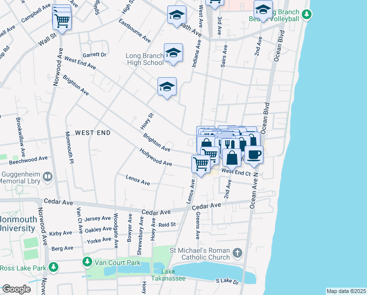 map of restaurants, bars, coffee shops, grocery stores, and more near 195 Brighton Avenue in Long Branch