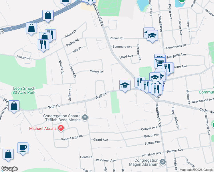 map of restaurants, bars, coffee shops, grocery stores, and more near 20 Meadow Lane in West Long Branch