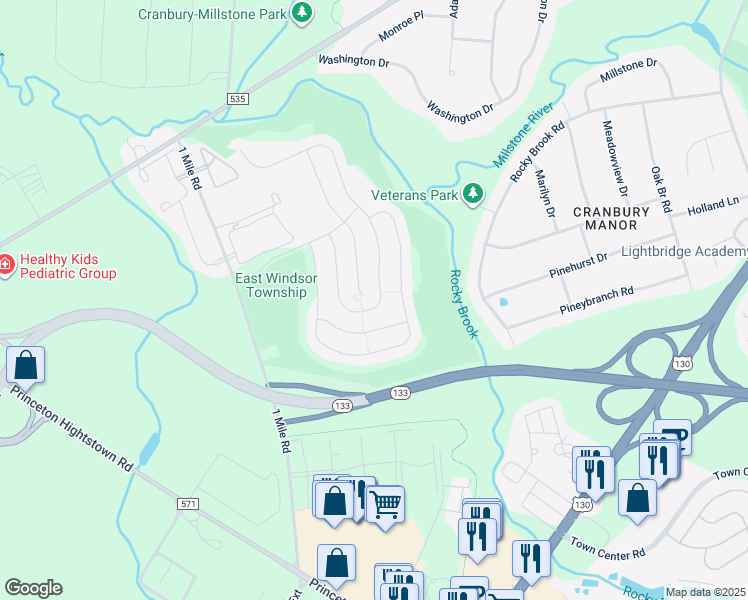 map of restaurants, bars, coffee shops, grocery stores, and more near 59 Einstein Way in East Windsor