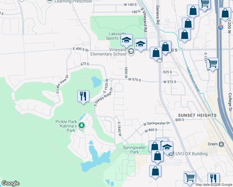 map of restaurants, bars, coffee shops, grocery stores, and more near 1863 West 645 South in Orem