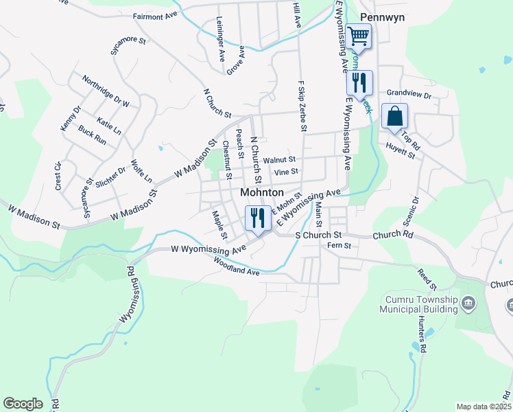 map of restaurants, bars, coffee shops, grocery stores, and more near 42 North Church Street in Mohnton