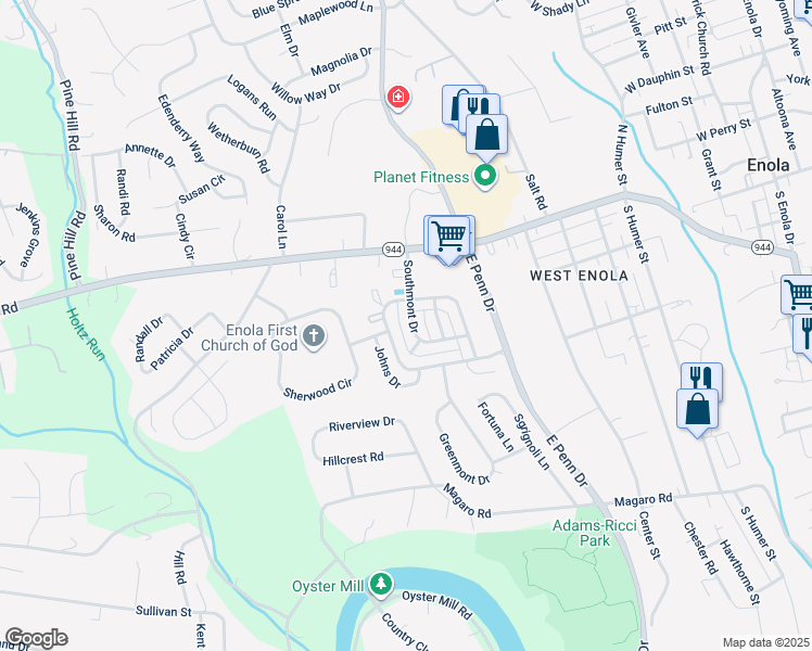 map of restaurants, bars, coffee shops, grocery stores, and more near 25 Southmont Drive in Enola
