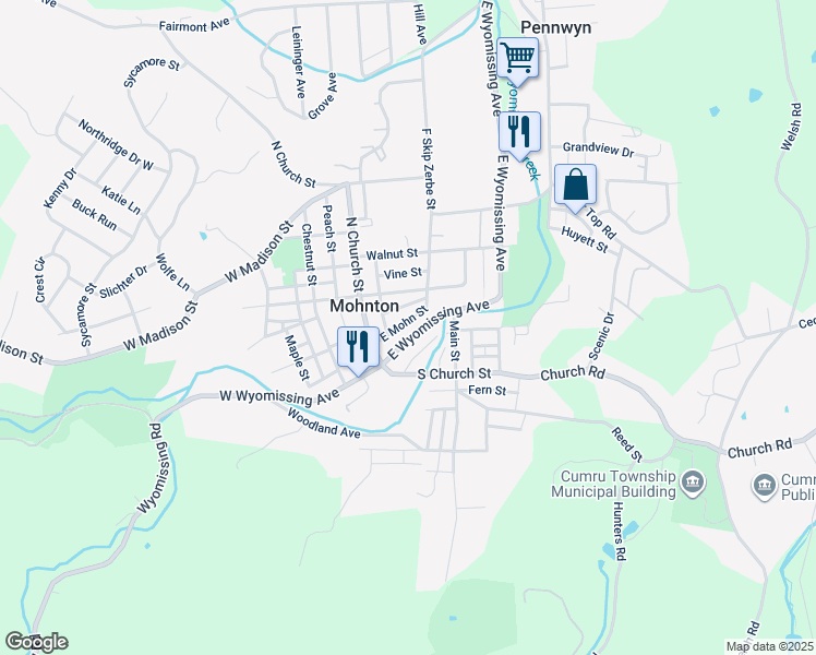 map of restaurants, bars, coffee shops, grocery stores, and more near 44 East Mohn Street in Mohnton