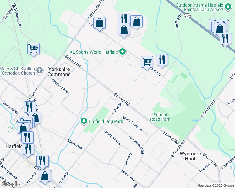 map of restaurants, bars, coffee shops, grocery stores, and more near 1941 School Rd in Hatfield