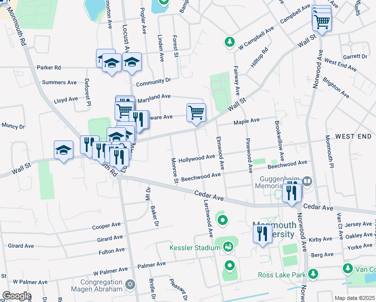 map of restaurants, bars, coffee shops, grocery stores, and more near 119 Hollywood Avenue in West Long Branch