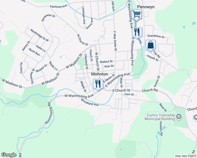 map of restaurants, bars, coffee shops, grocery stores, and more near 42 North Church Street in Mohnton