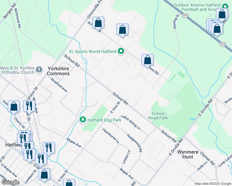 map of restaurants, bars, coffee shops, grocery stores, and more near 1941 School Rd in Hatfield